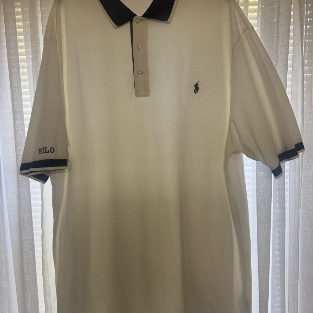 Polo by Ralph Lauren Men's White Polo Shirt with Navy Blue Accents - Like New!